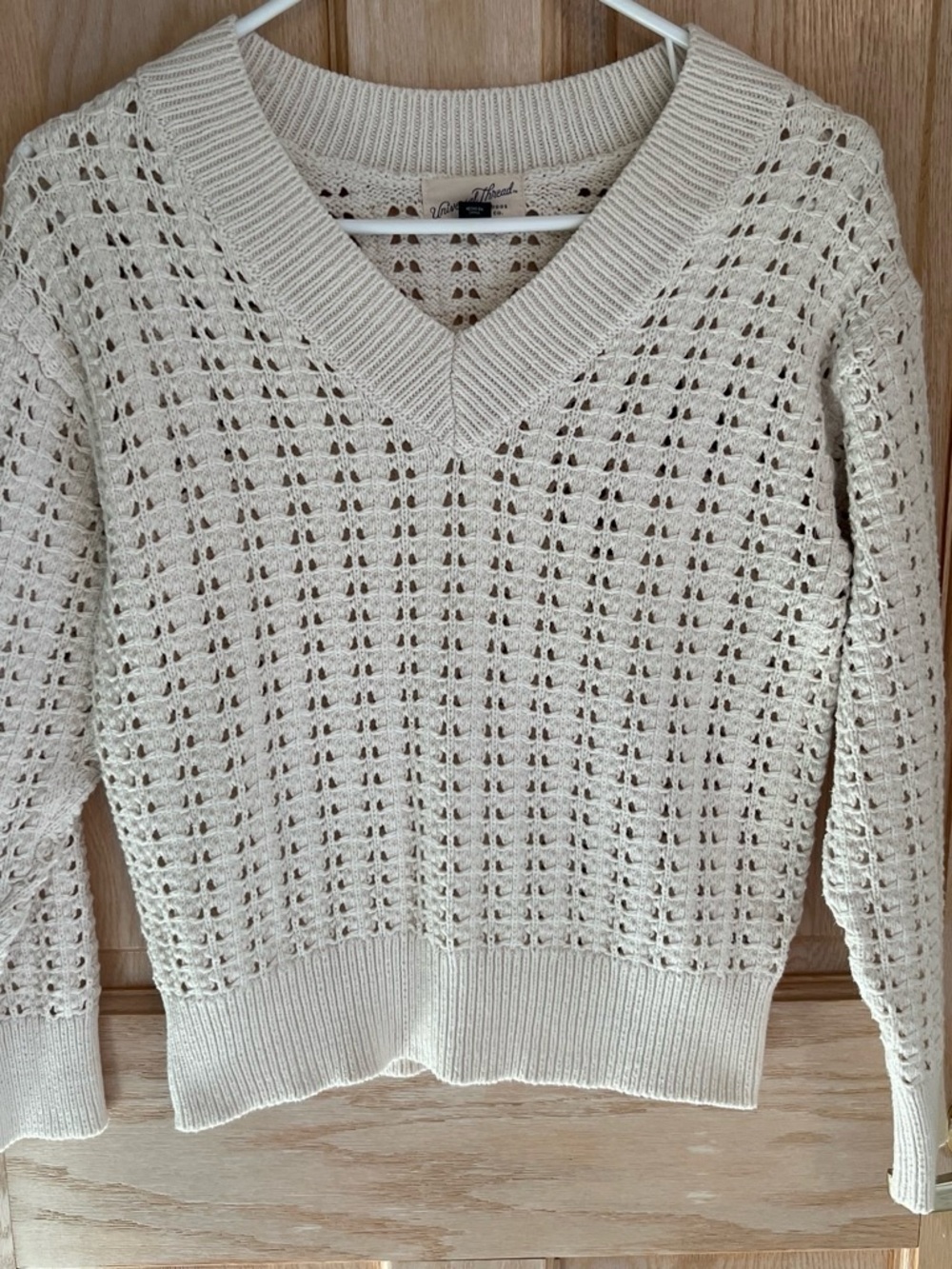 Open-Knit V-Neck Sweater in Cream
